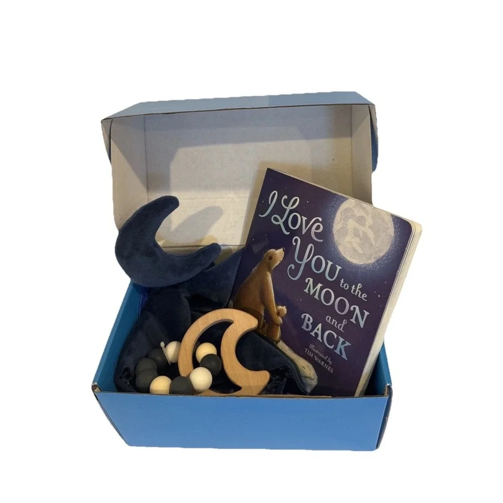 Unisex Baby Shower Box, I Love You to the Moon & Back book, Moon Lovey & Teether